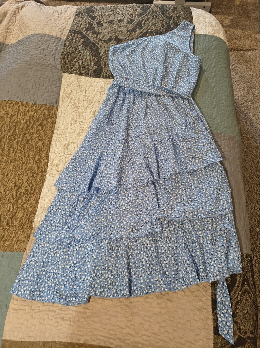 One-Shoulder Blue Floral Tiered Dress